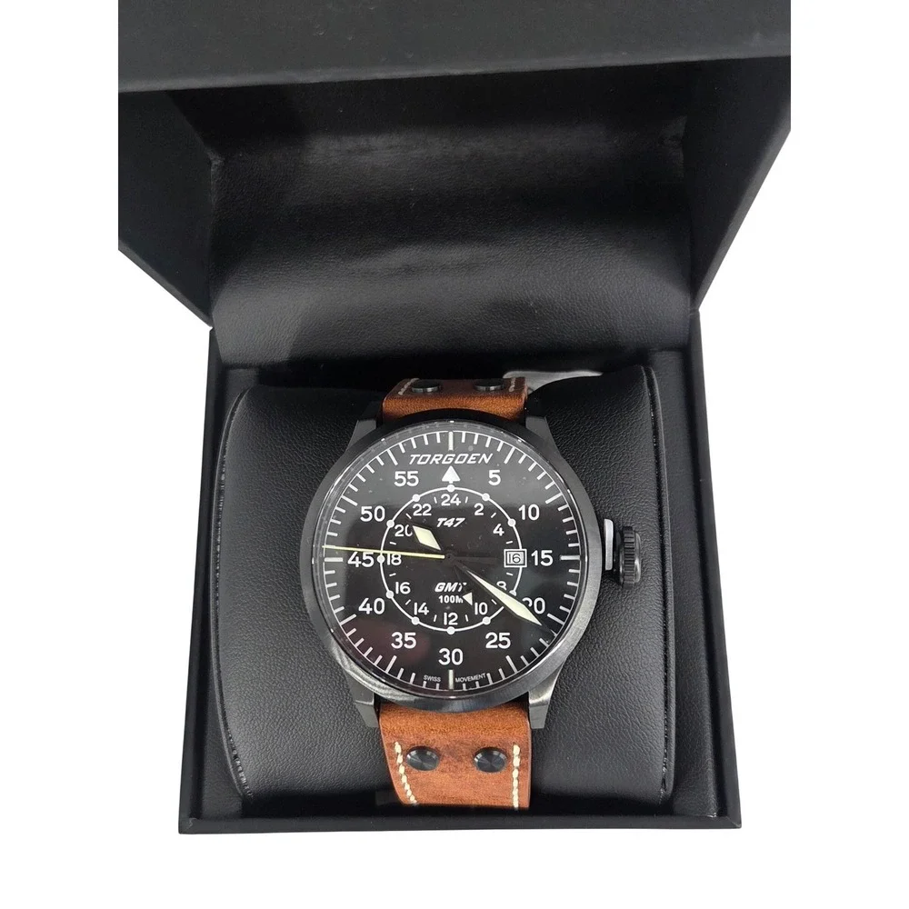 NWT Torgoen T47 Jumbo Black Sapphire‎ GMT 47mm, Brown Leather Strap Retail $325